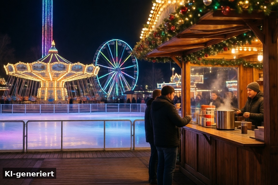 Gastronomie, Fahrgeschäfte und Bühnenprogramm – Cranger Weihnachtszauber in Herne: Weihnachtskirmes mit Eisbahn (KI-generierte Darstellung)