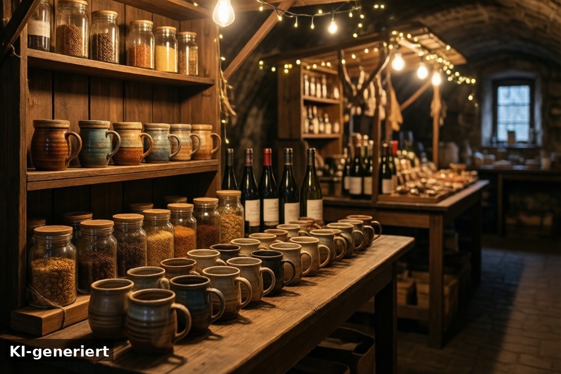Was gibt es zu kaufen? – Unterirdische Weihnachtsmärkte Traben-Trarbach: Mosel-Wein-Nachts-Markt in den Kellern (KI-generierte Darstellung)