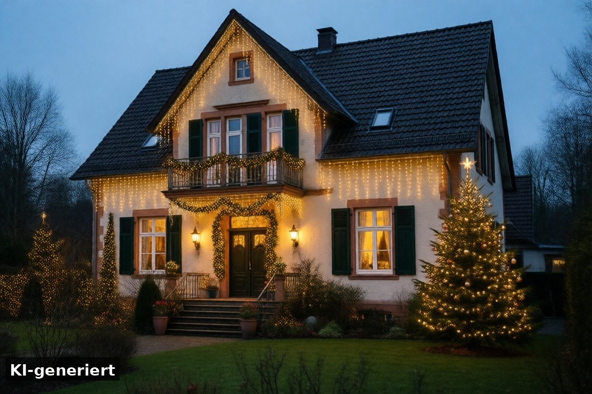 Weihnachtshaus Langenfeld-Wiescheid: seit 2013 beleuchtet – Weihnachtshäuser in Solingen-Landwehr und Langenfeld-Wiescheid: Lichterzauber an Privathäusern (KI-generierte Darstellung)