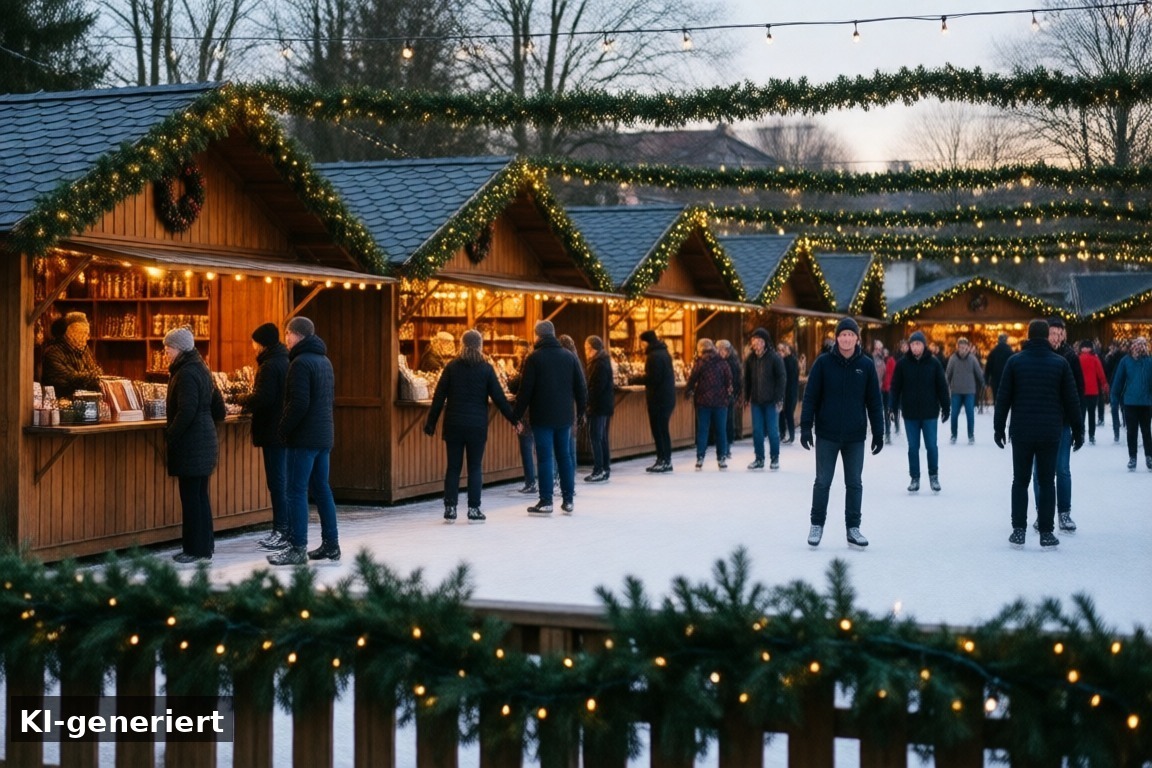 Weihnachtsmarkt Lingen mit großer Eislaufbahn – Weihnachtsmärkte in Bad Bentheim, Lingen und Brühl: kleine Märkte mit besonderem Charme (KI-generierte Darstellung)