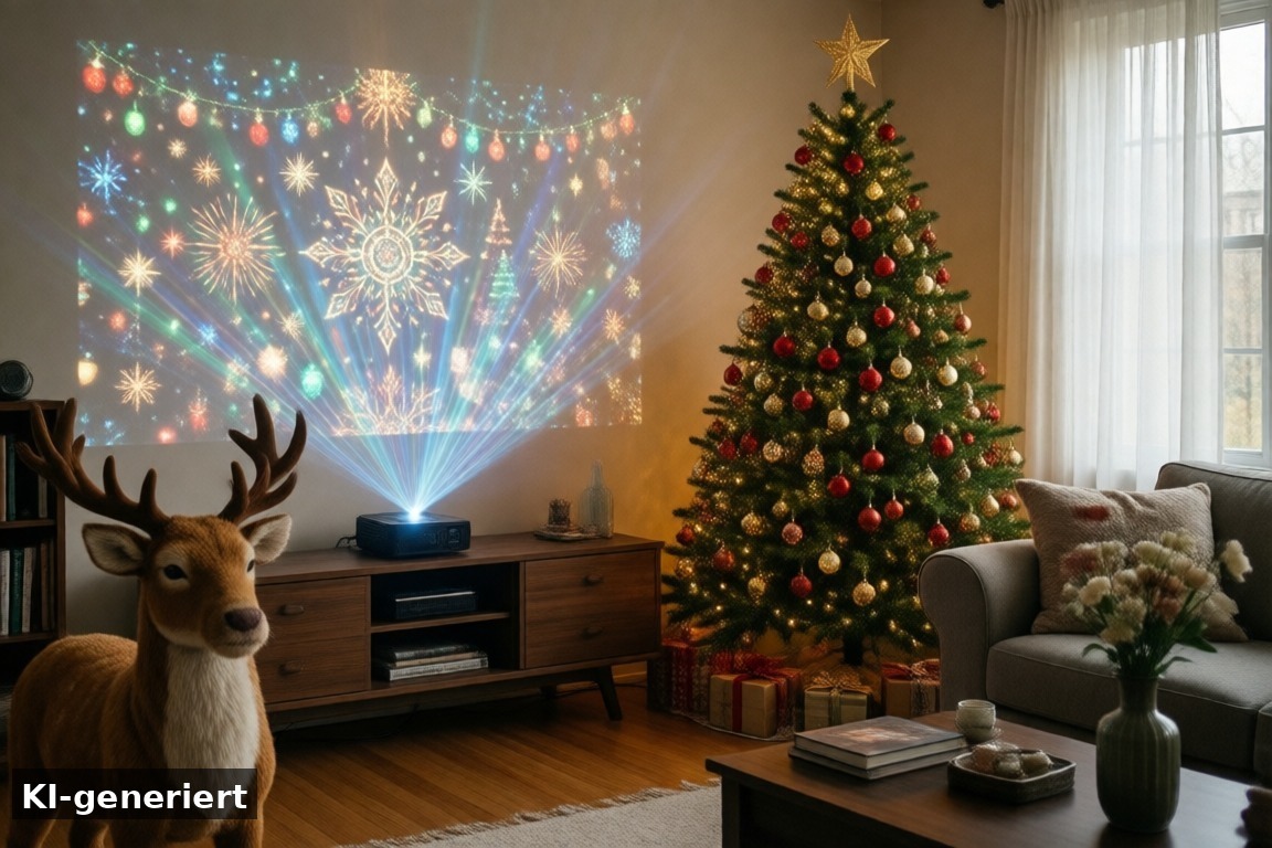Fensterprojektor und Wohnzimmer-Deko – Weihnachts-Deko & Gadgets: singender Weihnachtsbaum, Projektor und Rentier im Test (KI-generierte Darstellung)