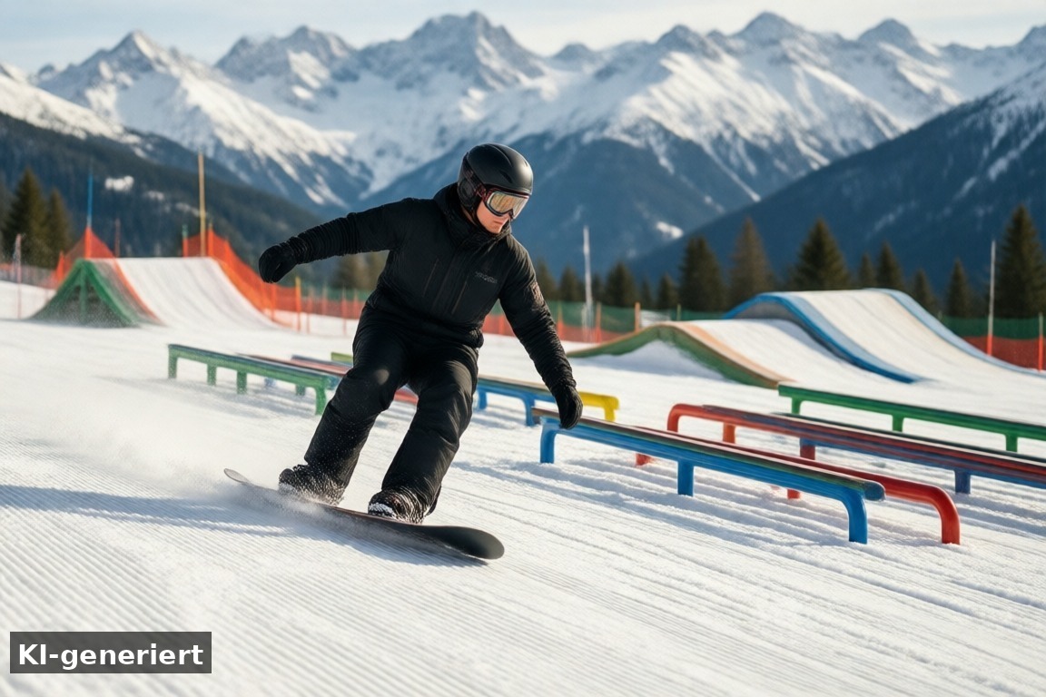 Snowpark und Snowboarden auf Motta Naluns – Motta Naluns: Snowpark, Almhütten und Events auf dem Berg (KI-generierte Darstellung)
