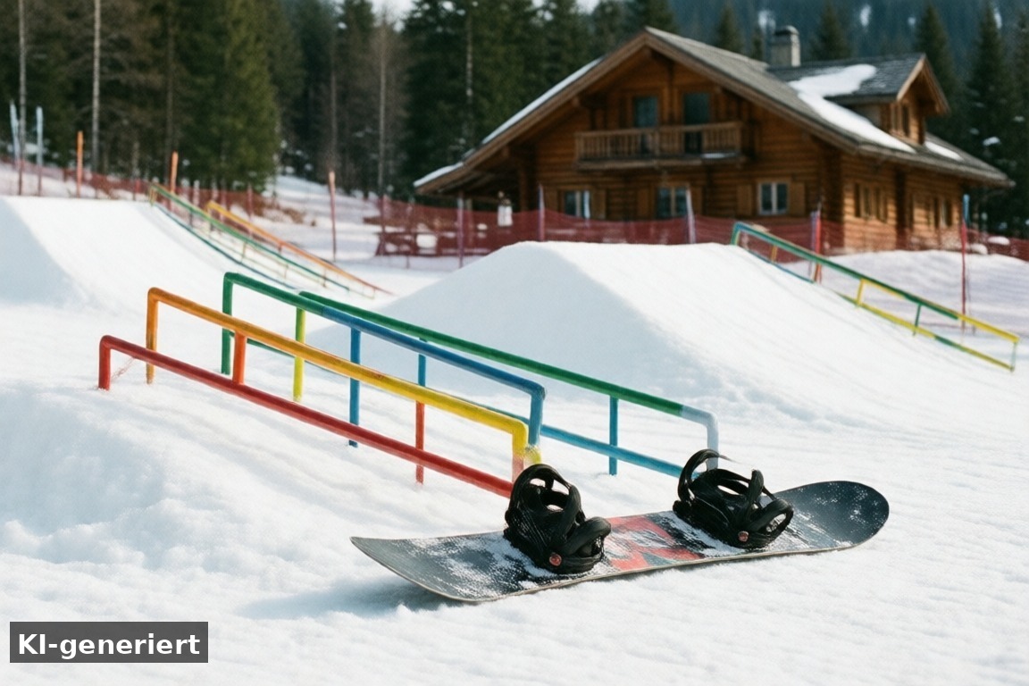 Snowboard-Park: Sicherheit und Spaß für alle Levels – Motta Naluns: Snowpark, Almhütten und Events auf dem Berg (KI-generierte Darstellung)