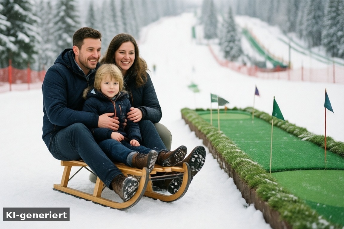 Piste, Rodeln, Almgolf und Abenteuer Alm: das gibt es in der SnowWorld Neuss – SnowWorld Neuss: Weltkindertag, Skihalle und Indoor-Ausflug für Familien (KI-generierte Darstellung)