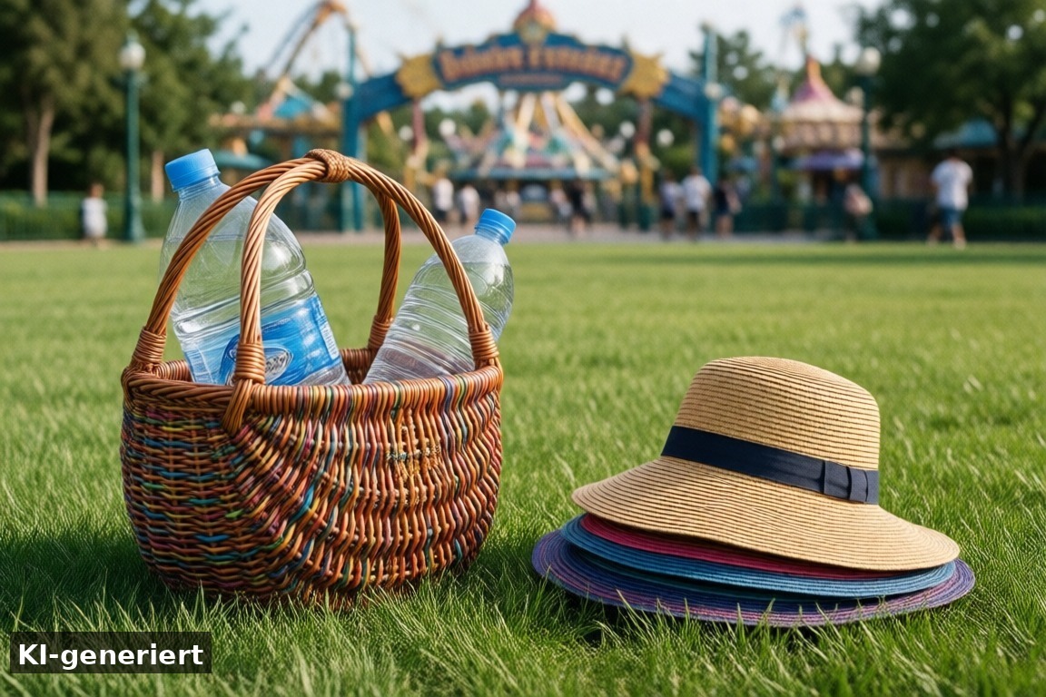 Die Kurzfassung: fünf Dinge, die nie fehlen – Packliste Freizeitpark mit Kindern: 17 Dinge, die den langen Tag retten (KI-generierte Darstellung)
