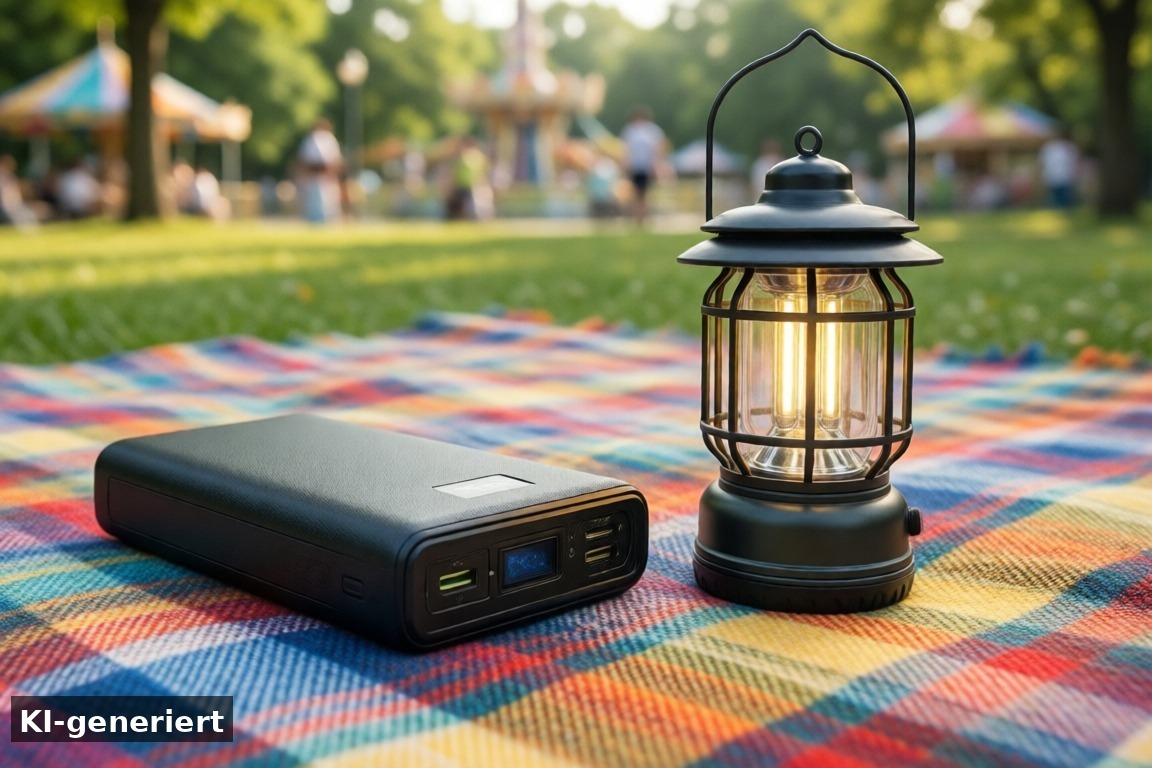 3. Technik: Powerbank und Licht – Packliste Freizeitpark mit Kindern: 17 Dinge, die den langen Tag retten (KI-generierte Darstellung)