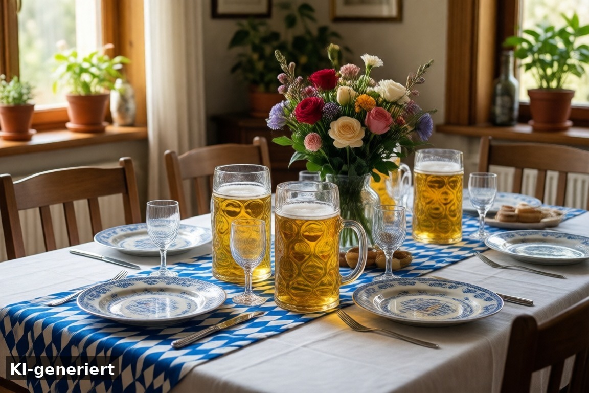 Deko: Weiß-Blau trägt den ganzen Abend – Oktoberfest-Party zuhause: Deko, Essen, Musik & Ausstattung (KI-generierte Darstellung)