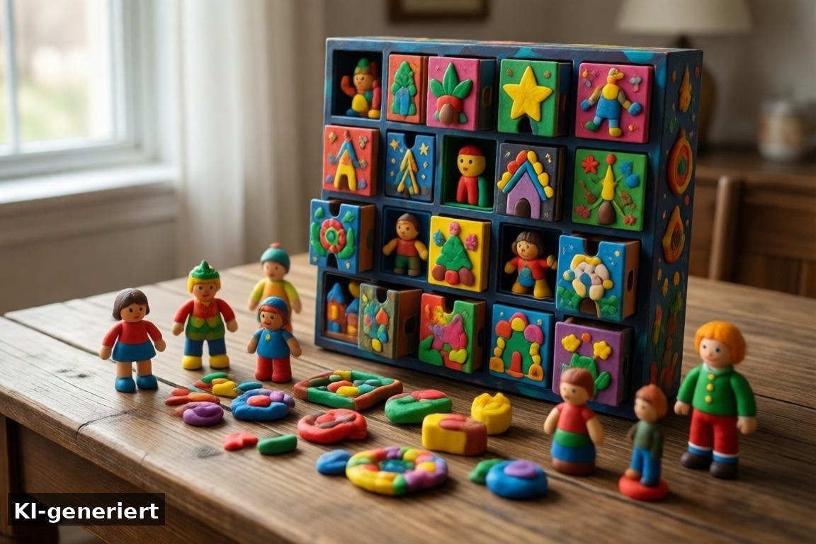 Adventskalender ab 6 Jahren: Knete, Basteln und Spielzeugwelten – Adventskalender für Kinder 2026: Ideen nach Alter (KI-generierte Darstellung)