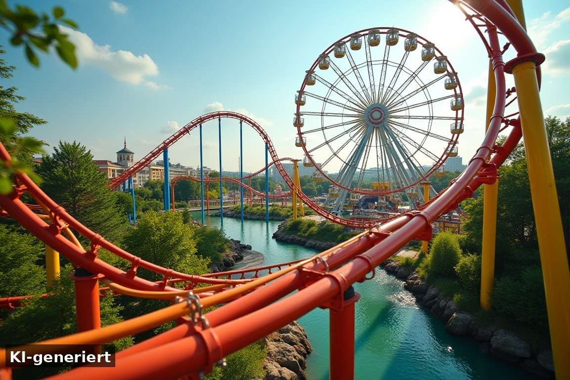 Ein Überblick über das Gelände und die Atmosphäre – Abenteuer pur im Walibi Village und Walibi World (KI-generierte Darstellung)