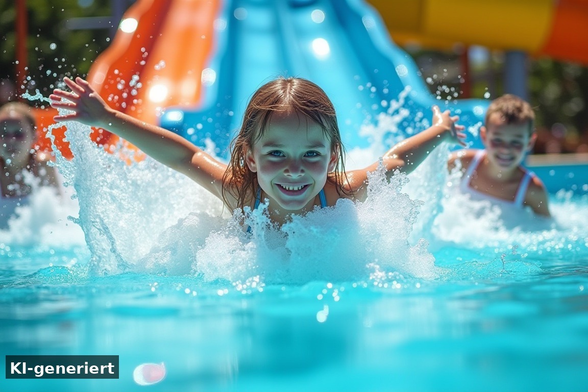 Action pur im Aqualagon Wasserparadies – Abenteuer und Entspannung im Villages Nature Paris (KI-generierte Darstellung)