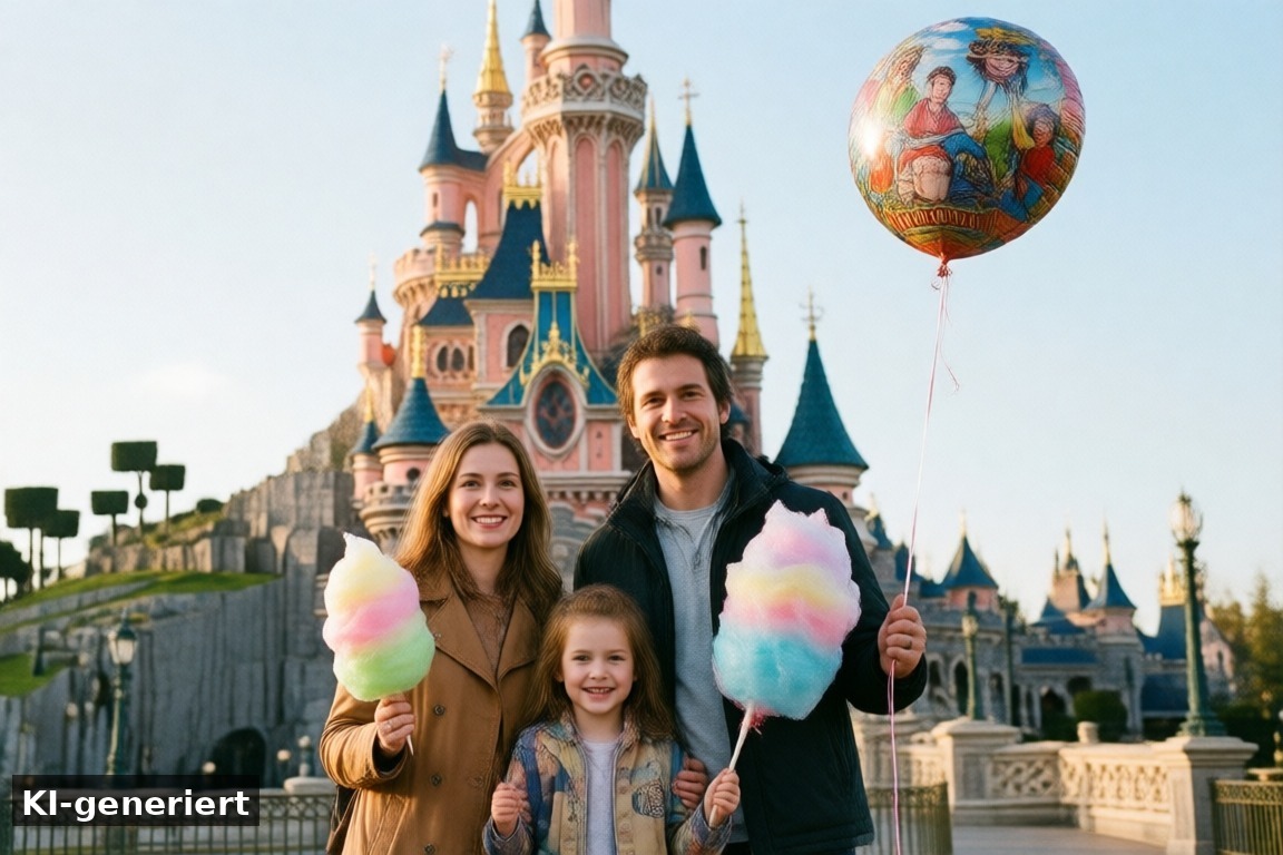 Der Auftakt im Märchenschloss und die ersten Eindrücke – Ein magischer Tag im Disneyland Paris für die ganze Familie (KI-generierte Darstellung)