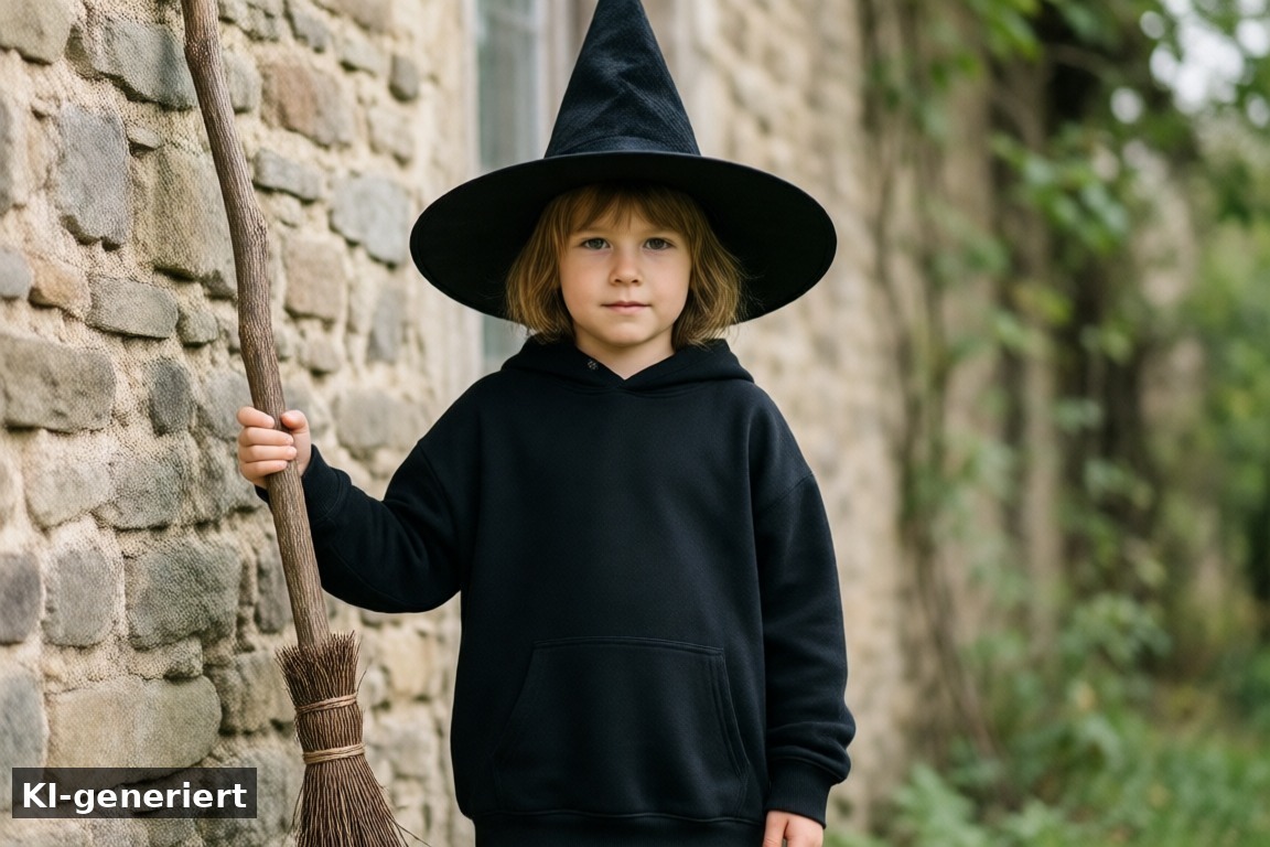 Hexe mit Basics aus dem Kleiderschrank – Halloween-Kostüme für Kinder 2026: Ideen zum Selbermachen und Kaufen (KI-generierte Darstellung)