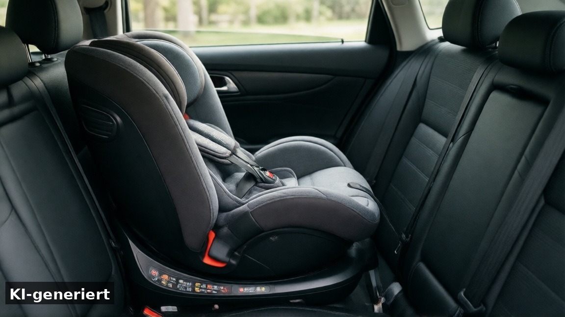 Kindersitz auf der Rückbank eines Familienautos (KI-generierte Darstellung)