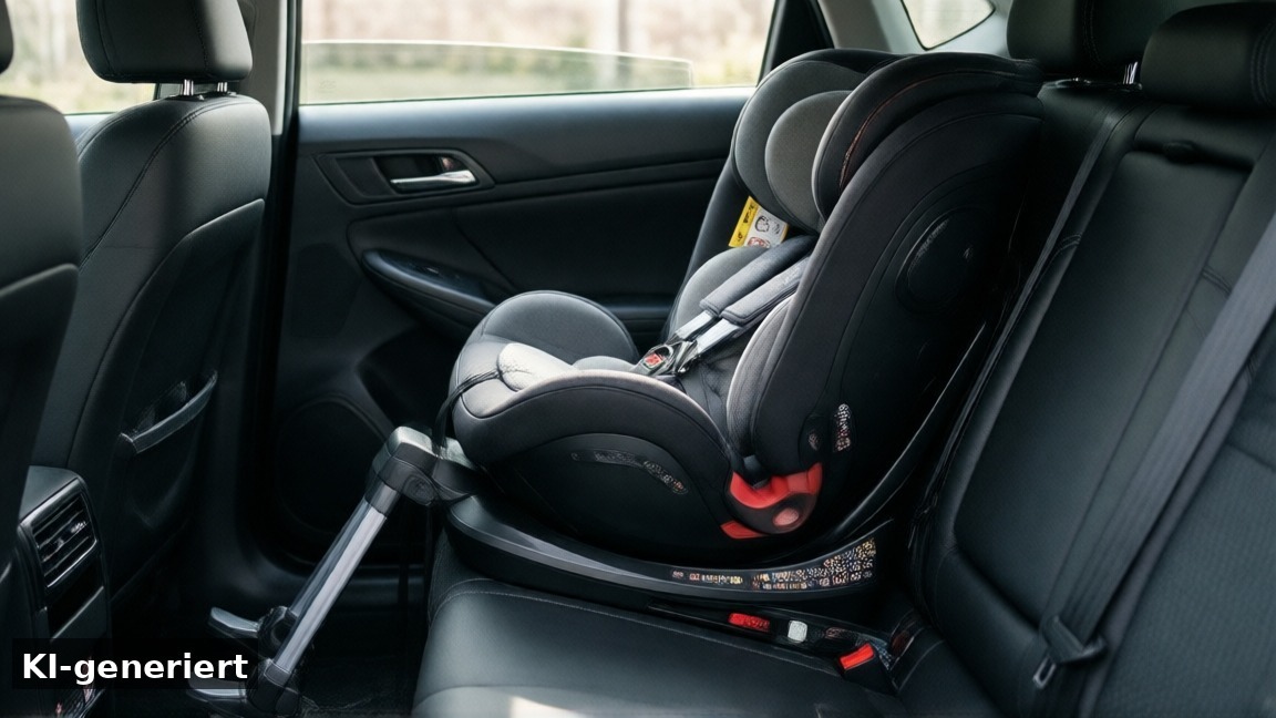 Rückwärtsgerichteter Kindersitz mit Stützfuß im Fahrzeug (KI-generierte Darstellung)
