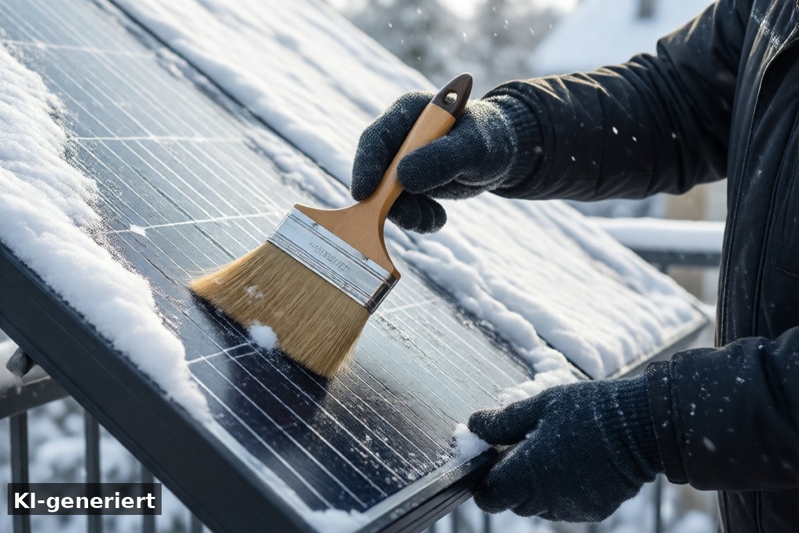 Schnee, Reinigung und Wartung im Winter – Balkonkraftwerk im Winter 2026: Wie viel Strom bleibt übrig und was sollte man jetzt beachten? Stand: 21. Oktober 2026 (KI-generierte Darstellung)