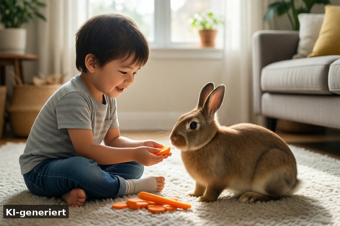 Spiel-Ideen für Kaninchen mit Kindern: Kaninchen im Wohnzimmer (KI-generierte Darstellung)