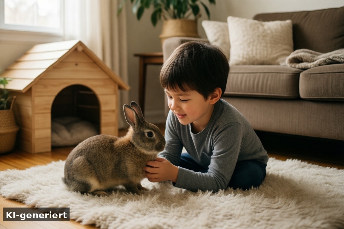 Spiel-Ideen für Kaninchen: Kind sitzt ruhig neben dem Tier (KI-generierte Darstellung)