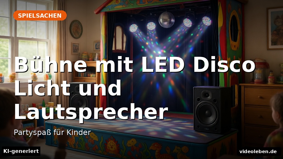 Bühne mit LED Disco Licht und Lautsprecher Test – Partyspaß für Kinder – Beitragsbild (KI-generierte Darstellung)