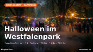 Halloween im Westfalenpark Dortmund 2026: Familienfest am 31. Oktober 2026, 17 bis 20 Uhr (KI-generierte Darstellung)
