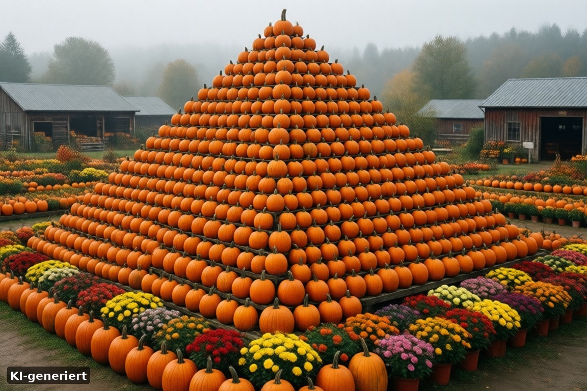 Riesige Kürbispyramide und Kürbisausstellung auf dem Gertrudenhof in Hürth im Herbst (KI-generierte Darstellung)