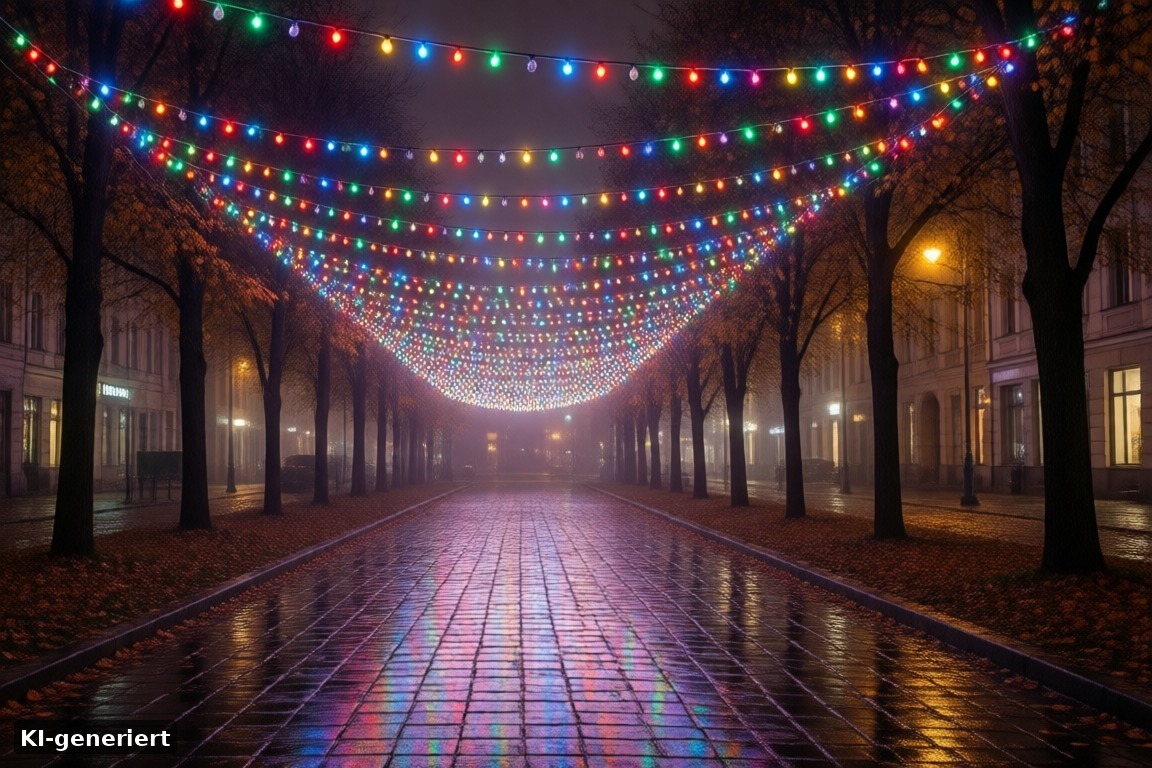 Bunte Lichtinstallation und Lichterketten beim Herbstleuchten im Ruhrgebiet bei Nacht (KI-generierte Darstellung)
