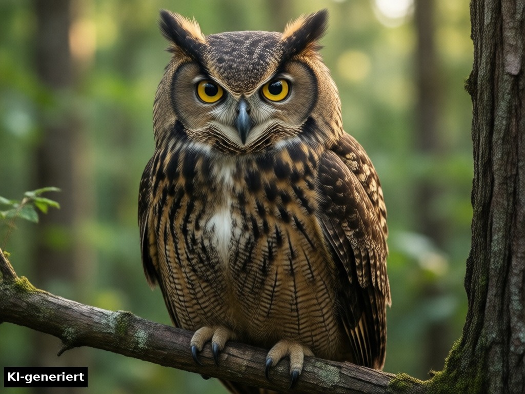 Eule im Wald: sinnloses Wissen aus der Tierwelt (KI-generierte Darstellung)