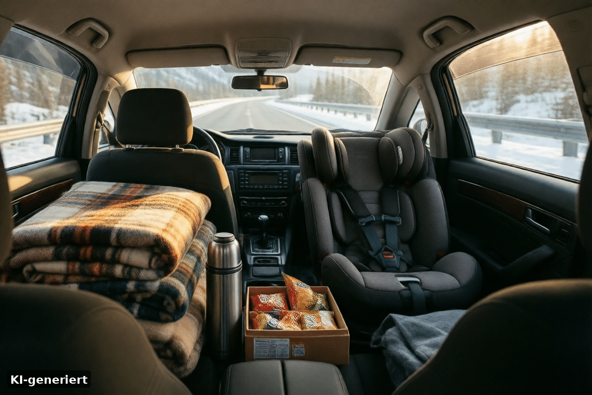 Familienauto mit Decken, Thermoskanne und Kindersitz, Blick durch die Frontscheibe auf eine Winterstraße (KI-generierte Darstellung)
