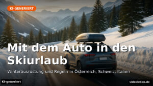 Verschneite Alpenpass-Straße mit Familienauto und Dachbox im Morgenlicht (KI-generierte Darstellung)