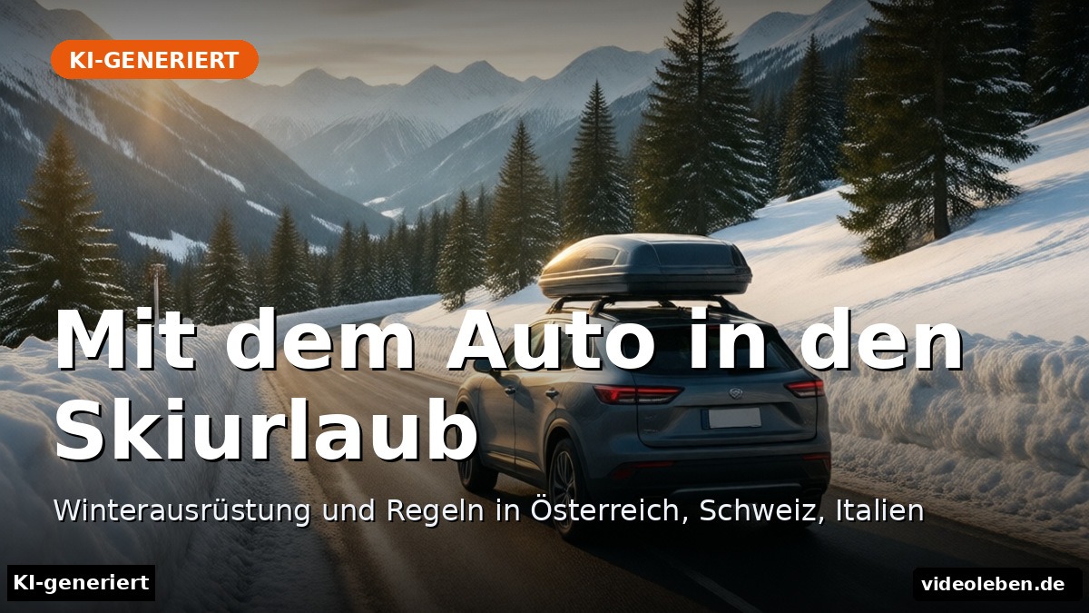 Verschneite Alpenpass-Straße mit Familienauto und Dachbox im Morgenlicht (KI-generierte Darstellung)