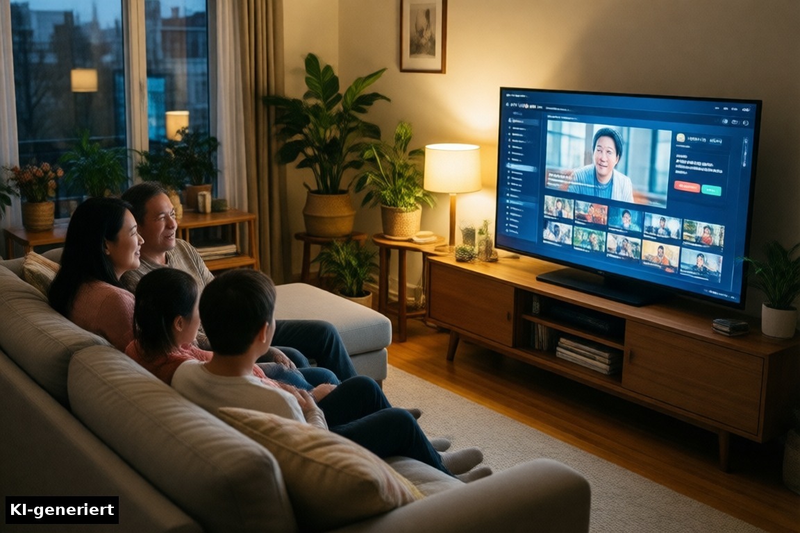waipu.tv Start Jahrespaket: Familie sieht über Streaming fern (KI-generierte Darstellung)