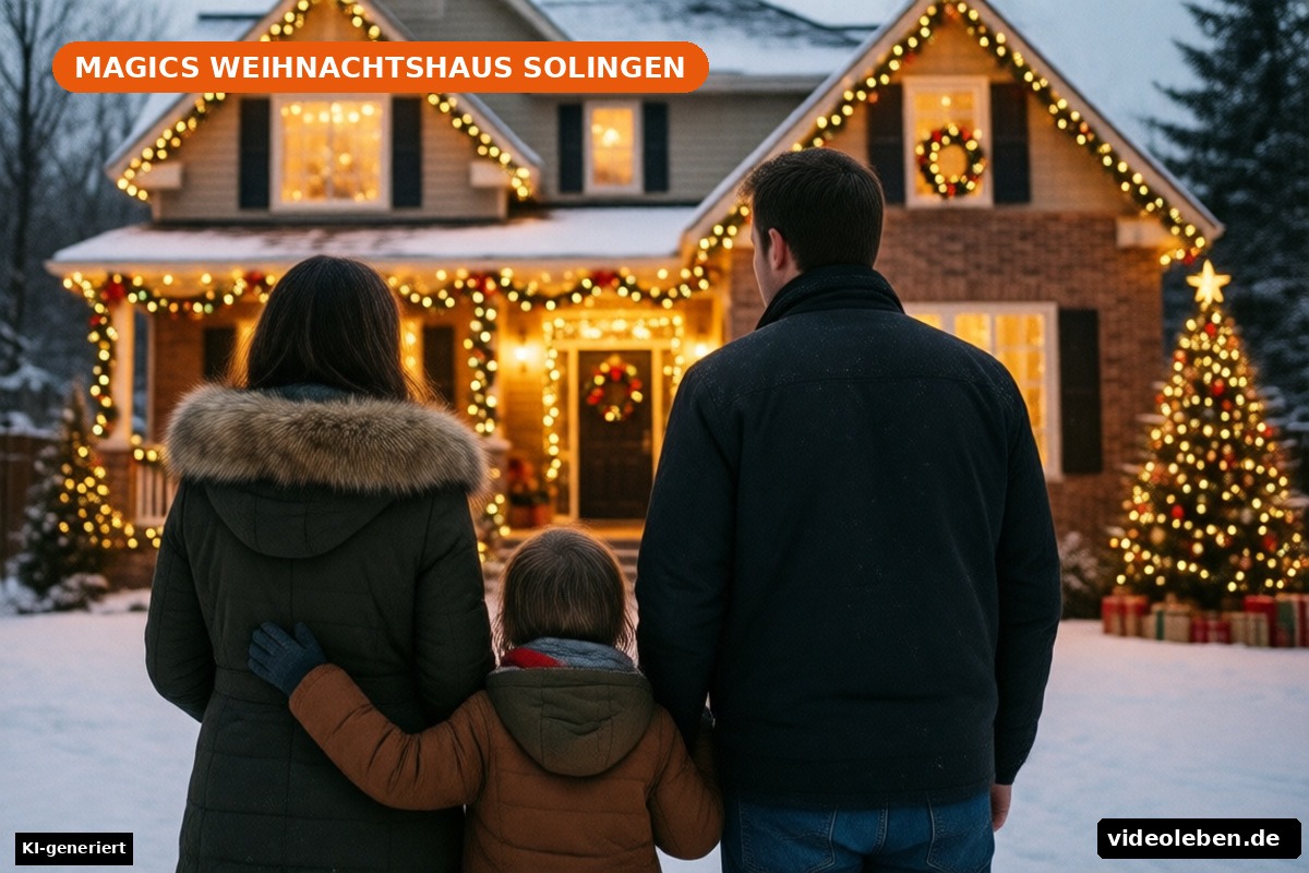 Magics Weihnachtshaus Solingen: leuchtende Fassade mit Figuren