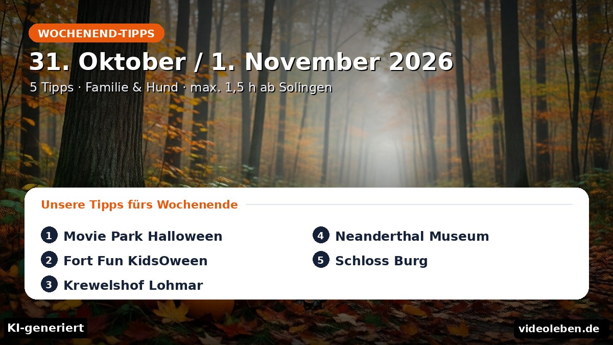 Wochenend-Tipps 31. Oktober und 1. November 2026 ab Solingen: Movie Park Halloween, Fort Fun KidsOween, Krewelshof Lohmar, Neanderthal Museum und Schloss Burg – Familie, Hund, Herbst (KI-generiert)