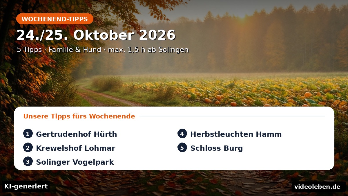 Wochenend-Tipps 24./25. Oktober 2026: Cover mit fünf Ausflugszielen ab Solingen – Gertrudenhof Hürth, Krewelshof Lohmar, Solinger Vogelpark, Herbstleuchten Hamm und Schloss Burg (KI-generiert)