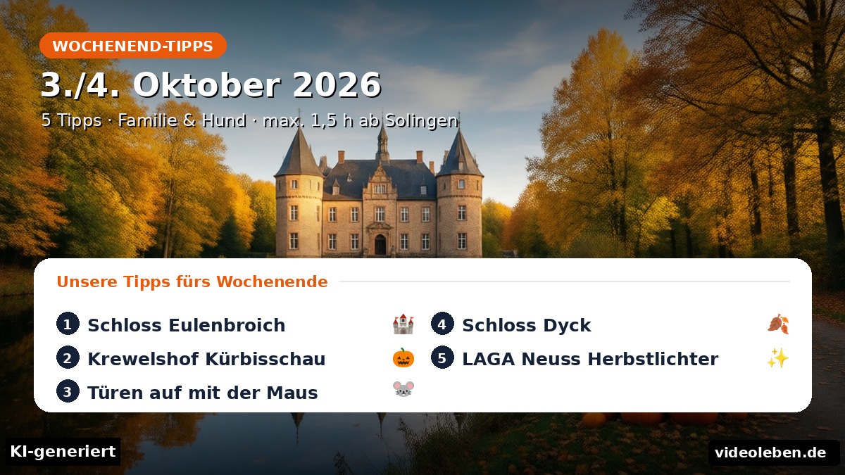 Wochenend-Tipps 3./4. Oktober 2026 – Ausflüge mit Familie und Hund ab Solingen: Wasserschloss im Herbstlaub mit Kürbissen (KI-generierte Darstellung)