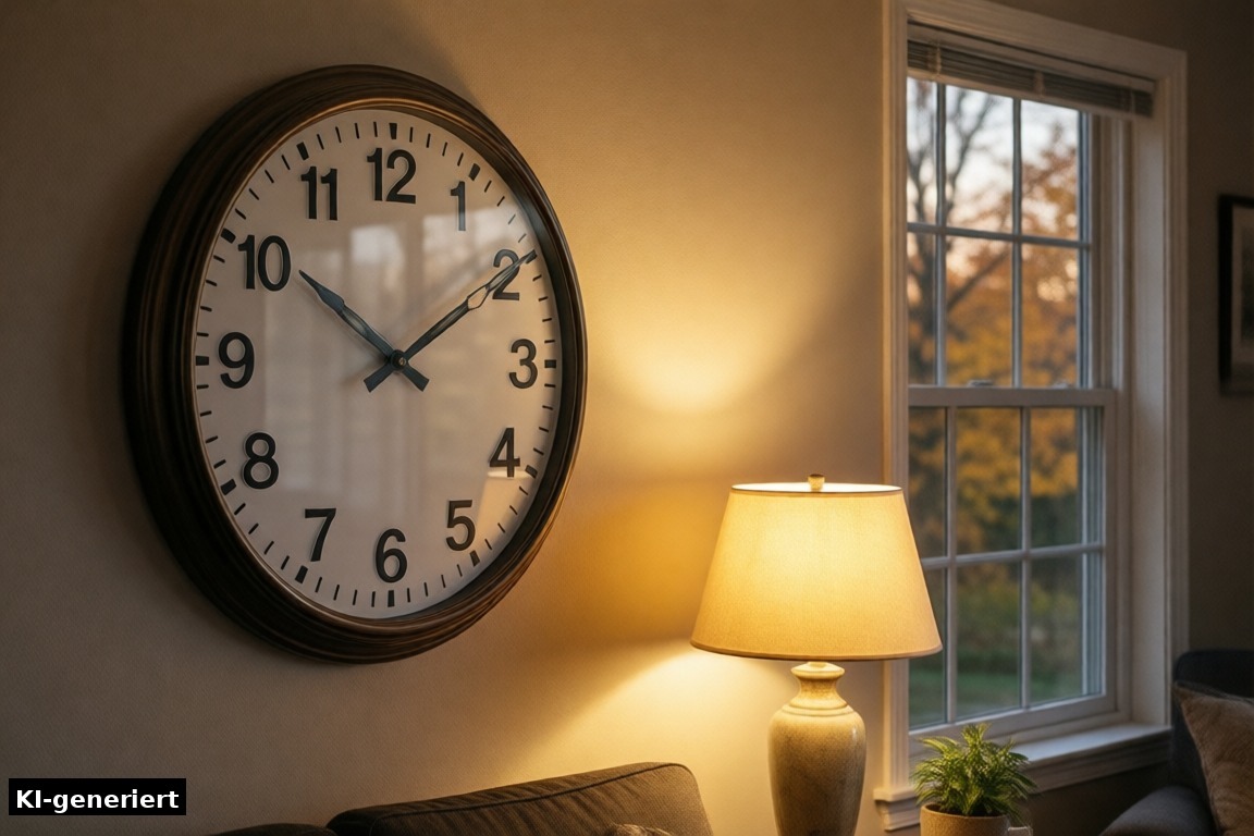 Zeitumstellung 2026: Wanduhr im Abendlicht nach dem Zurückstellen (KI-generierte Darstellung)